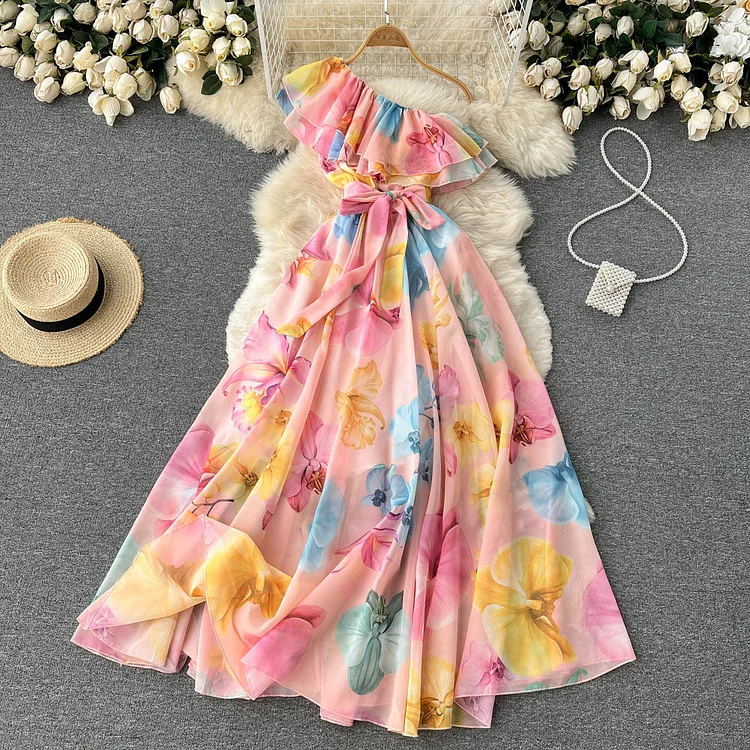 Flaxmaker Irregular Diagonal One Shoulder Chiffon  Blossom Printed  Dress