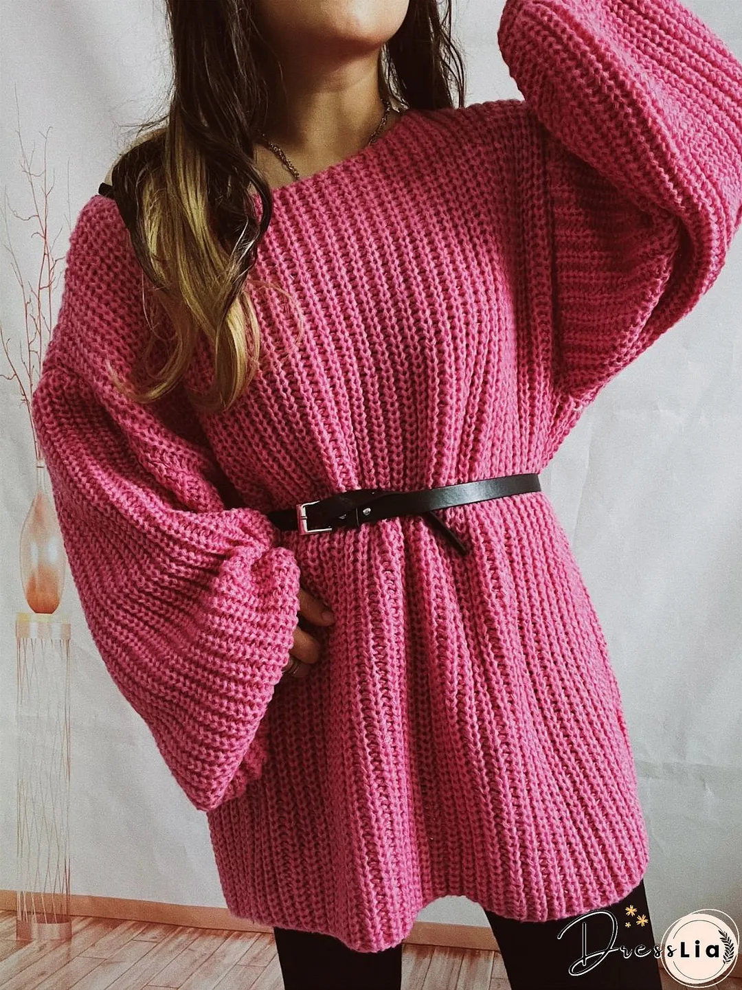 Boat Neck Long Sleeve Sweater with Belt