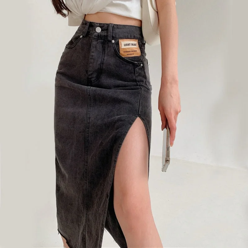 Zoki Slit Women Denim Skirt High Waist Summer Tassel Loose A Line Jeans Long Skirt Causal Korean Black Fashion Cotton Skirts