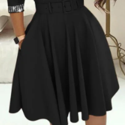 Wongn Wongn Autumn / Winter Temperament Elegant Closed Waist Hot Diamond In The Long Sleeve Solid Color Big Swing V-Neck Dress With A Belt