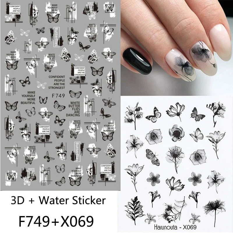 Harunouta Black White Butterfly Nail Sticker Set 3D Geometric Lines Water Decals Summer Slider For Manicuring Nail Art Watermark