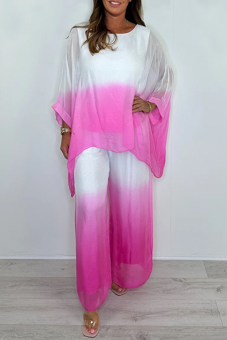 Plus Size Vacation Pink Casual Gradient Round Neck Long Sleeve See Through Two Piece Pant Sets [Pre-Order] 2024 - Xpluswear