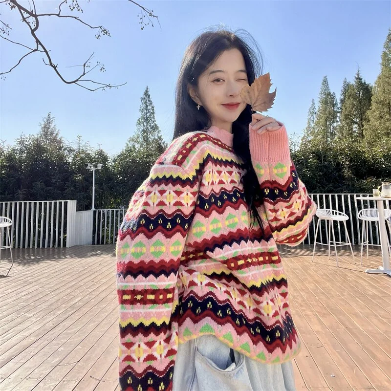 Christmas Gifts New Fashion Tops 2022 Women Vintage Loose Stripe Thickened Pullover Jumper Autumn Winter Loose Knitted Pullover Sweaters Tops