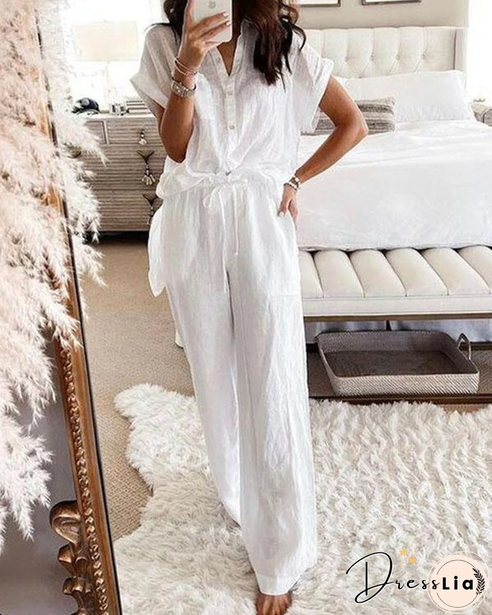 Solid Color Cotton Shirt&Wide Leg Pants Suit