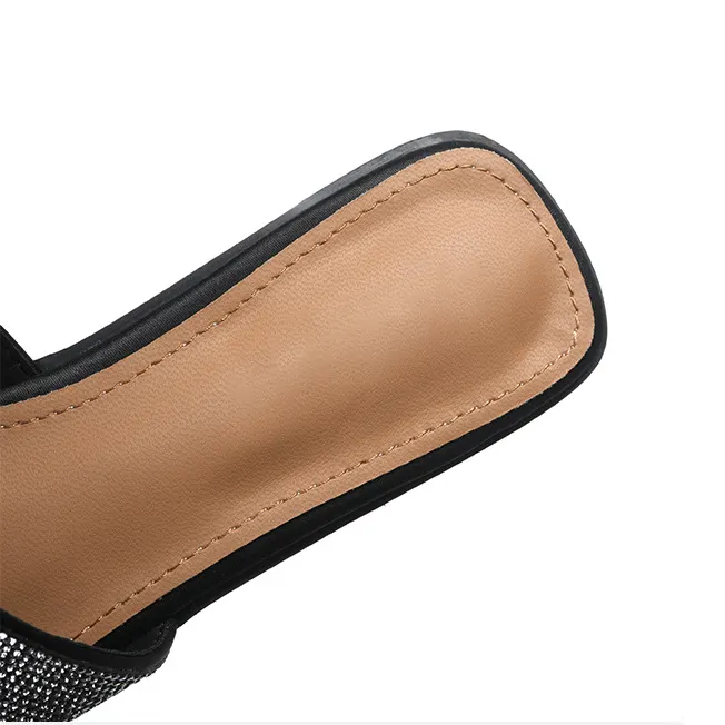 Women's Summer Square Open Toe Rhinestone Sparkling Flat Slippers-vocosishoes