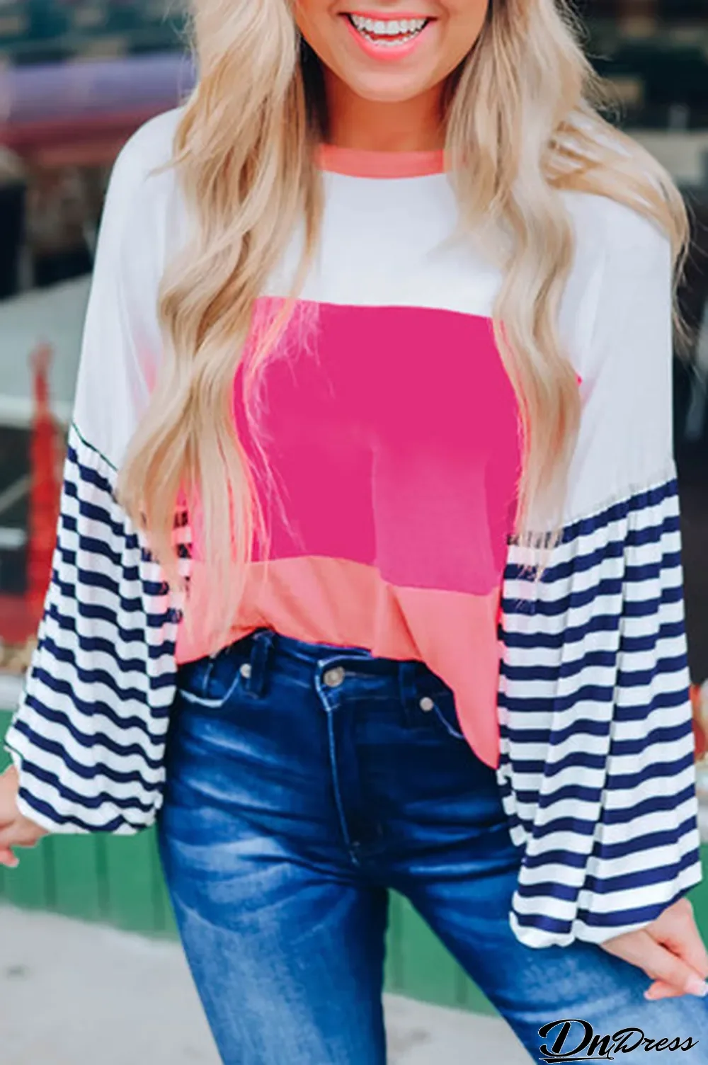 Pink Color Block Bubble Striped Sleeve Top