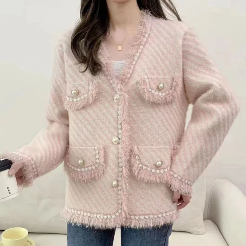Sweet Knitted Open Cardigan Women's Top White Enhancing Thick Winter Polyester Fleece Jacket Outerwear Soft Cozy Autumn Winter N