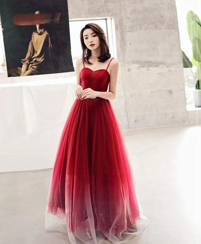 Burgundy Sweetheart Tulle Long Prom Dress Burgundy Evening Dress