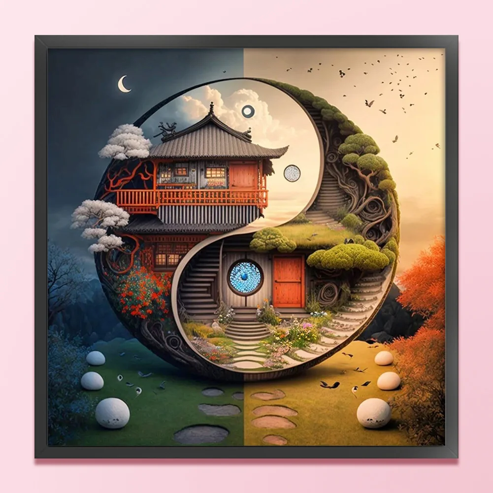 DIY Stamped Cross Stitch 11CT Full Embroidery 45*45cm - Tai Chi Diagram-Landscape Cabin