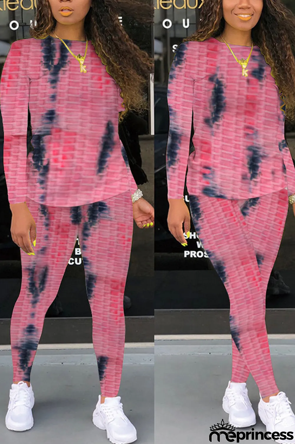 Pink Casual Gradual Change Print Tie Dye Split Joint O Neck Long Sleeve Two Pieces