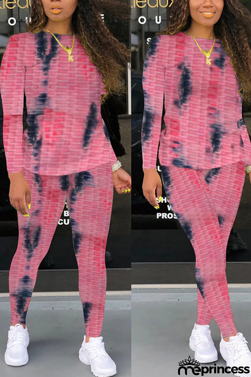 Pink Casual Gradual Change Print Tie Dye Split Joint O Neck Long Sleeve Two Pieces