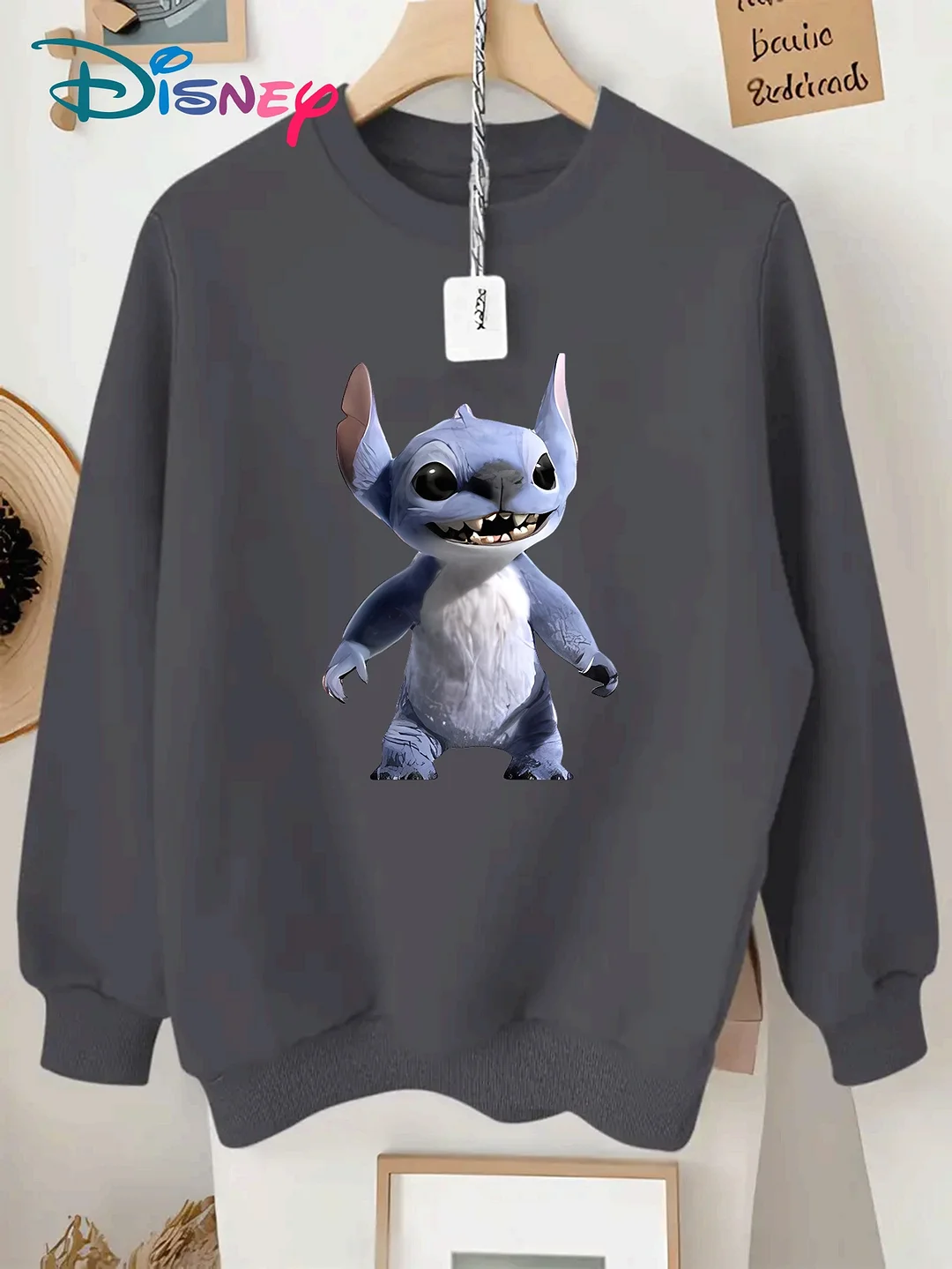 Disney Stitch Graphic Long Sleeve Sweatshirt For Women - Soft Pink Casual Crewneck With Playful Stitch Design, Machine Washable Loose Fit For Casual Attire & Holiday Parties, Holiday Apparel | Playful Graphic Print | Machine Washable Fabric | IFYHOME