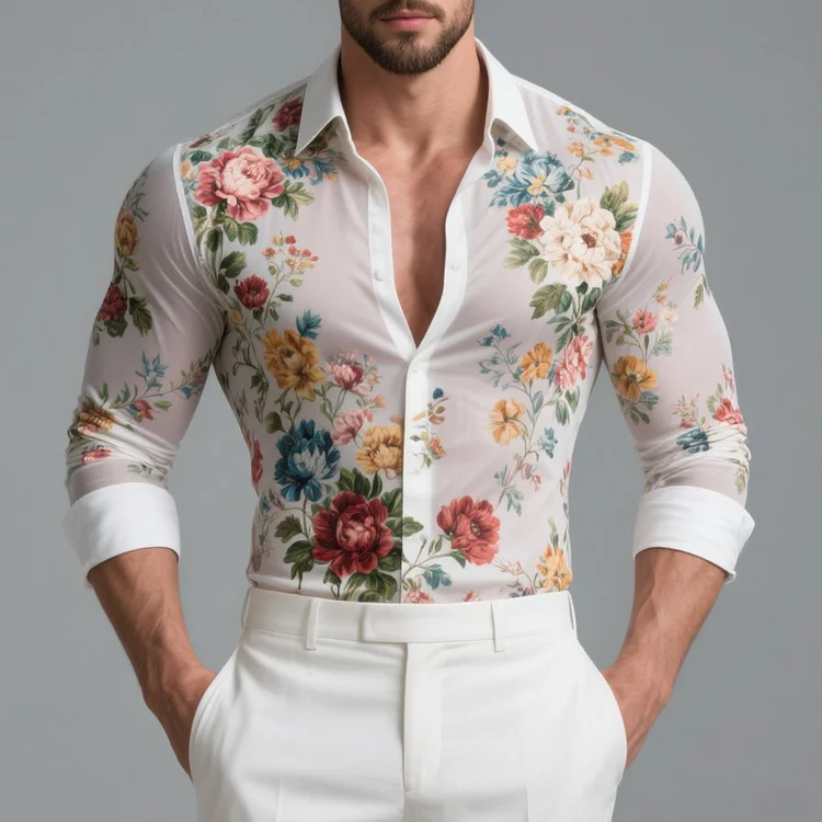 Okaywear Floral Leaf Pattern Long Sleeve See-Through Shirt Okaywear