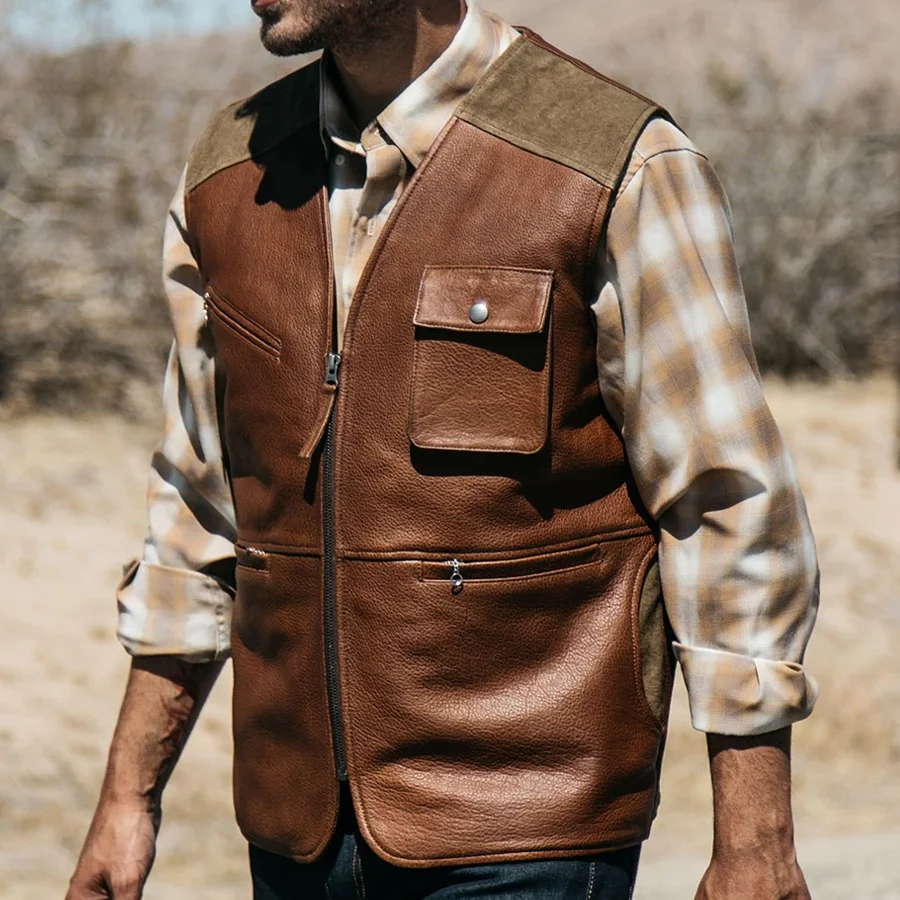 Western Denim Zip Leather Vest / [viawink] /