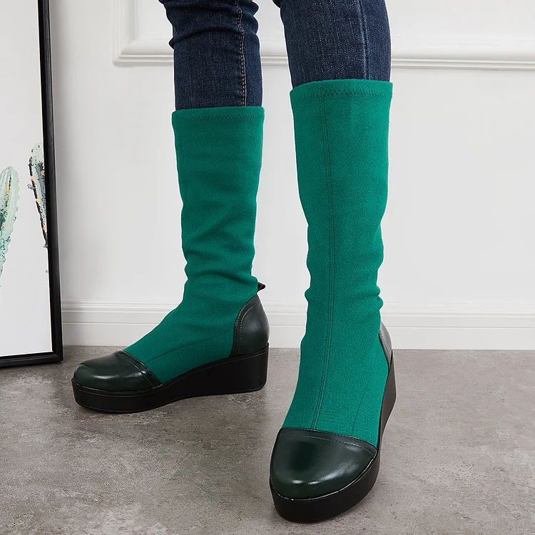 Splicing Stretch Platform Knee High Boots Sock Booties