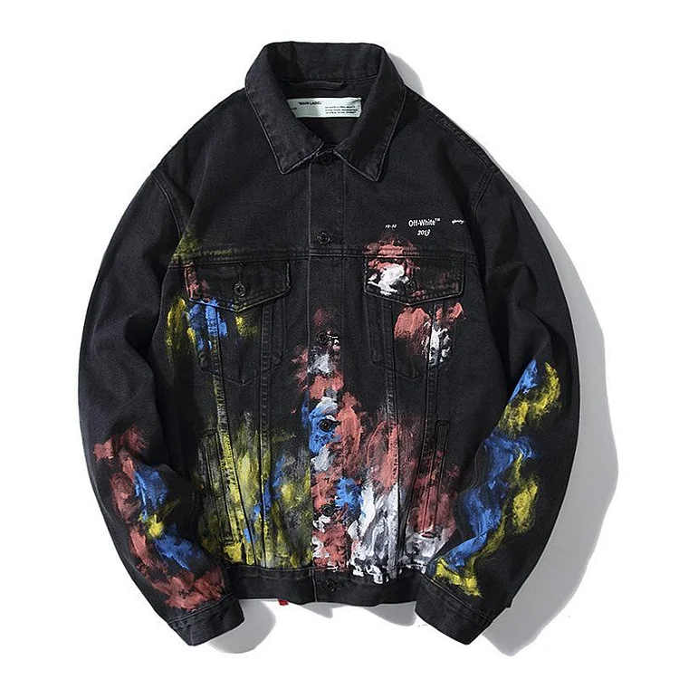 Arrow Denim Jacket Jean Coat Autumn and Winter Graffiti Fireworks SplashInk Destruction Distressed Denim Casual Jacket Owt