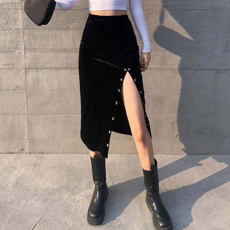 GOTH VELVET HIGH WAIST BLACK MIDI SKIRT