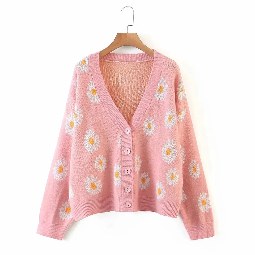 Sweet Button Down Sweater Cardigan Women Loose Knit Coat Autumn Spring Casual Lady Long Sleeve V Neck Floral Outerwear Sweater
