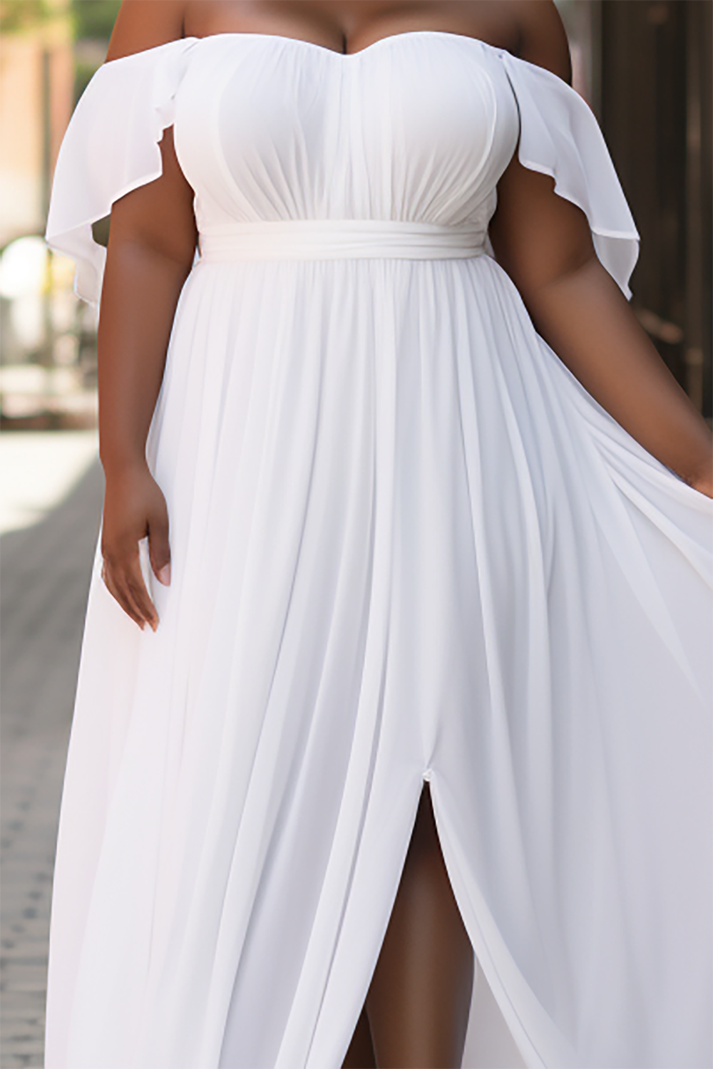 Design Plus Size Vacation Elegant White Off The Shoulder Cap Sleeve Split Chiffon Maxi Dresses [Pre-Order]