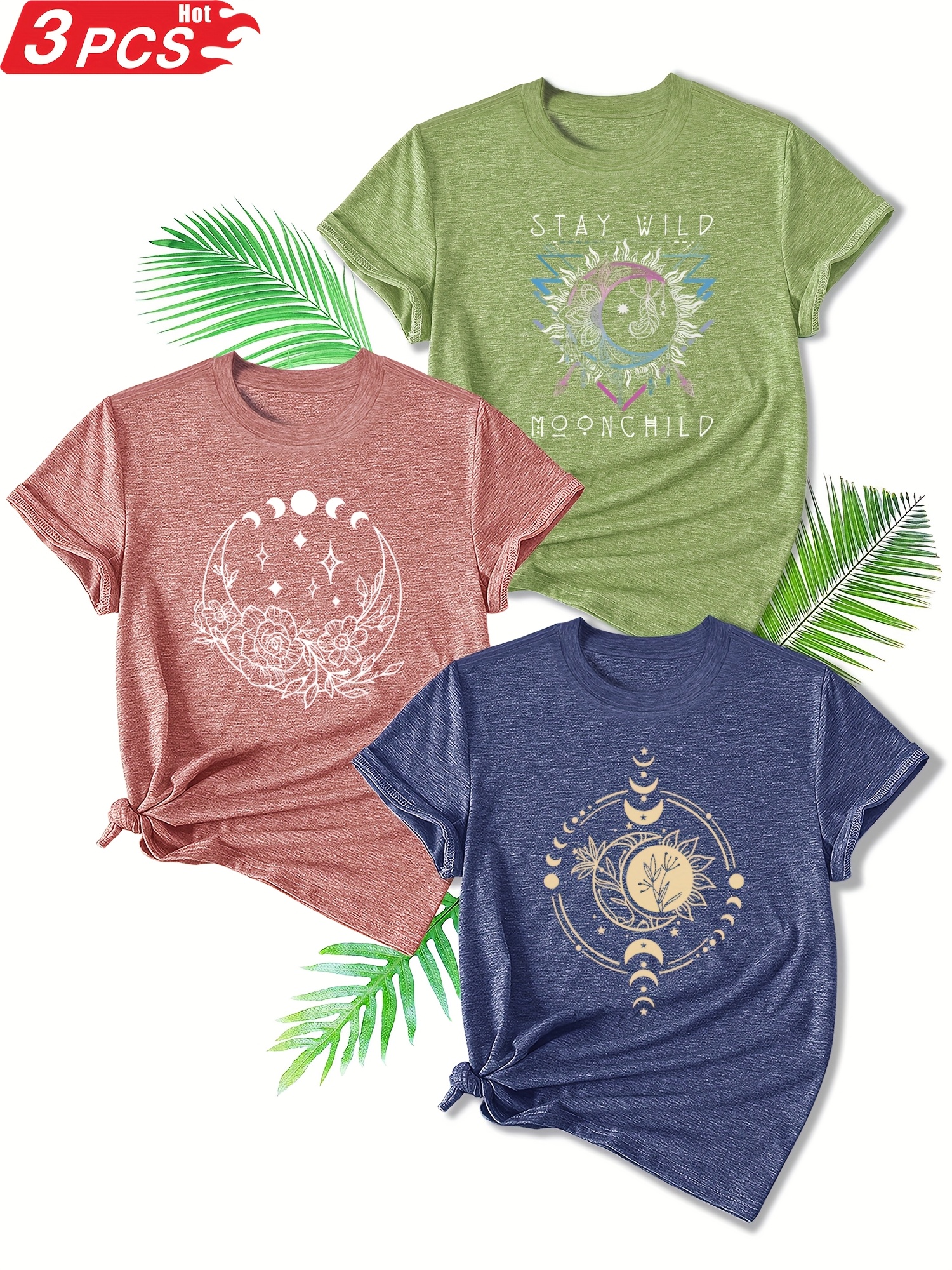 Women's 3pcs Floral And Geometric Moon Print T-Shirt Set - Casual Round Neck Short Sleeve, Vintage Colors - Machine Washable | IFYHOME