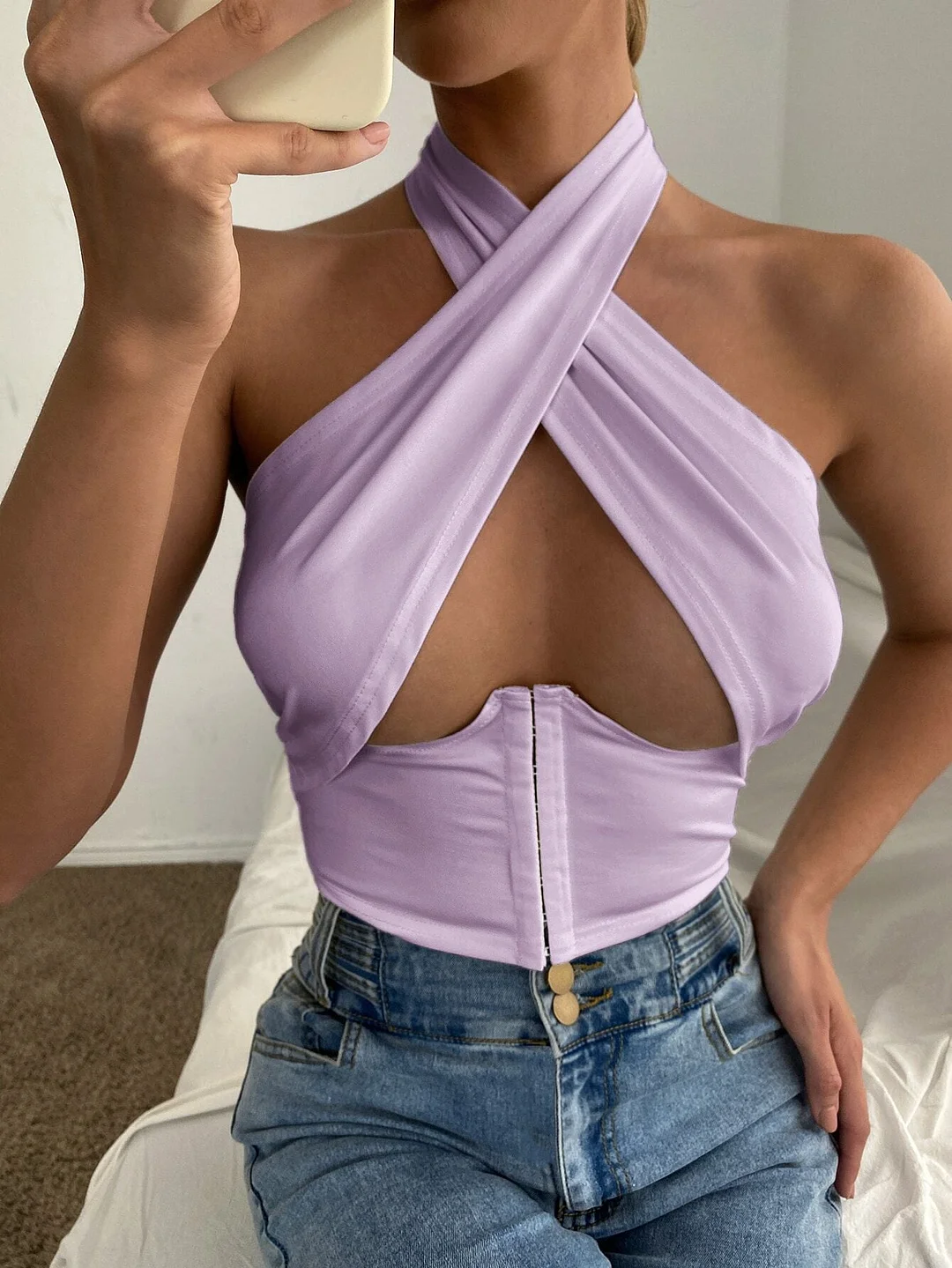 wsevypo Women Sleeveless Halter Cross Bandage Crop Tops Sexy Summer Solid Color Cutout Front Bustier Tops Backless Wrapped Tanks