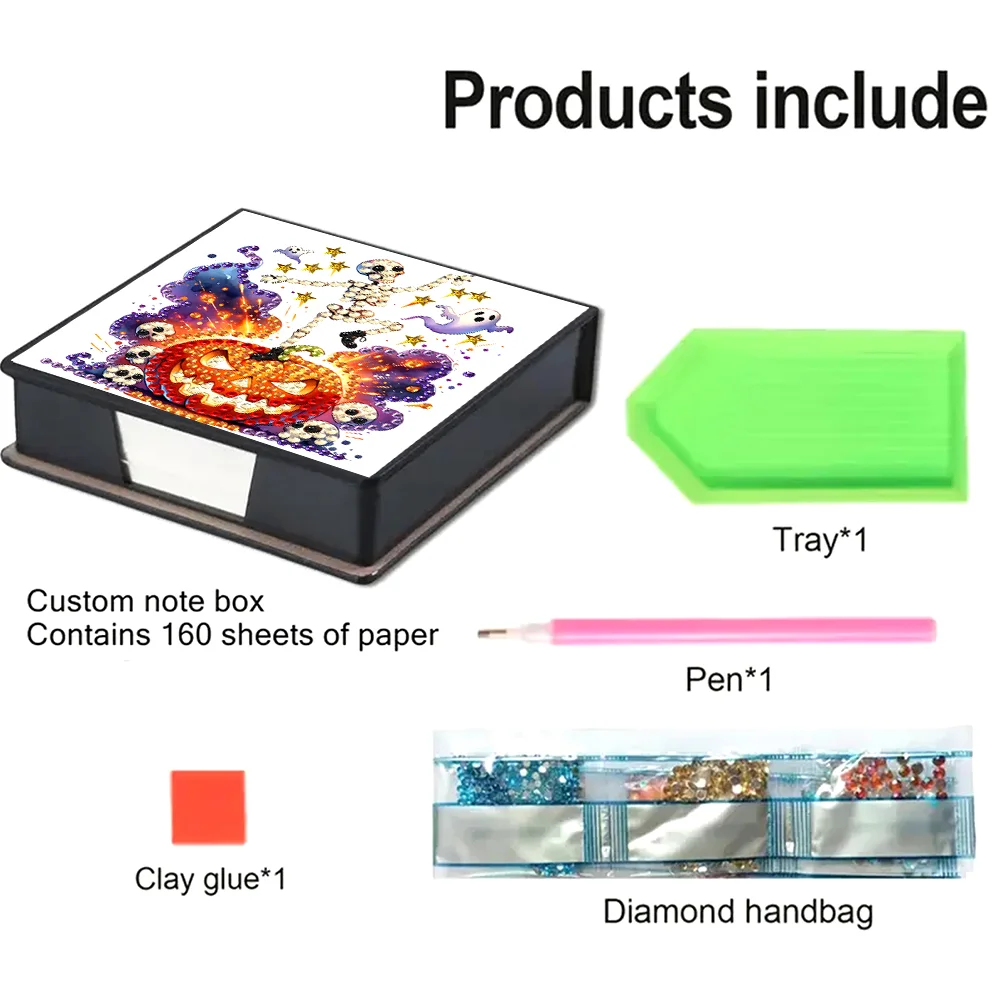 5D DIY PU Diamond Art Note Box with 160 Sheets Paper Memo Pad Holder (Skull)