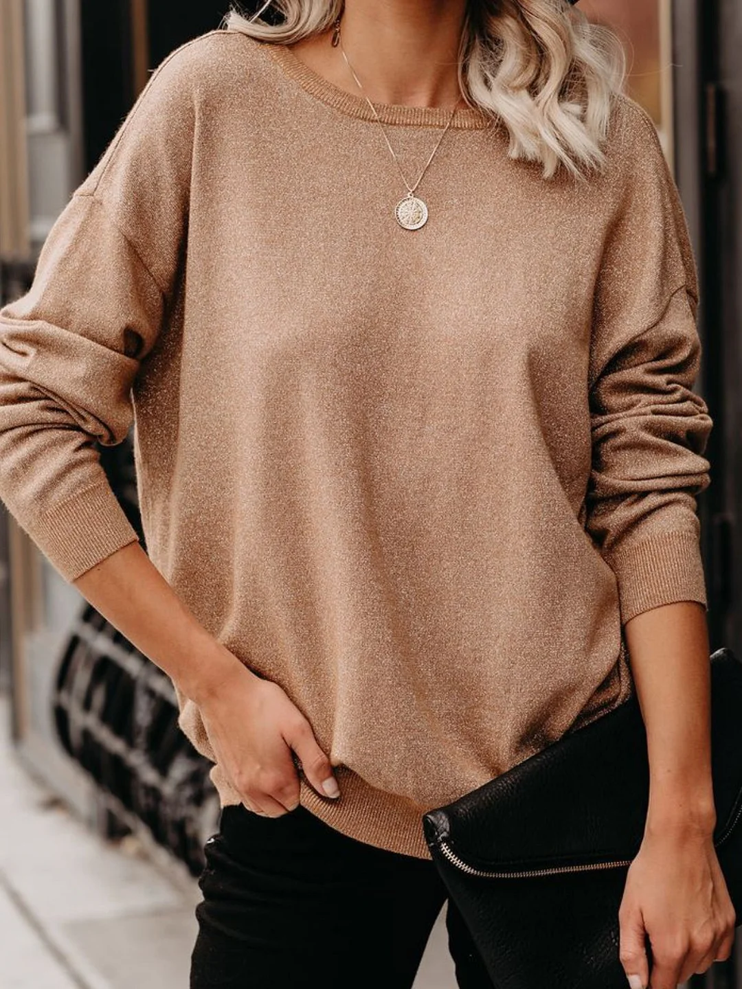 Khaki Long Sleeve Cotton-Blend Round Neck Solid Sweater
