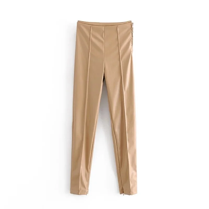 Women's PU Pants Brown Skinny Trouses High Waist Solid Pencil Pant Female Autumn 2020 Bodycon Faux Leather Elegant Black Pant za