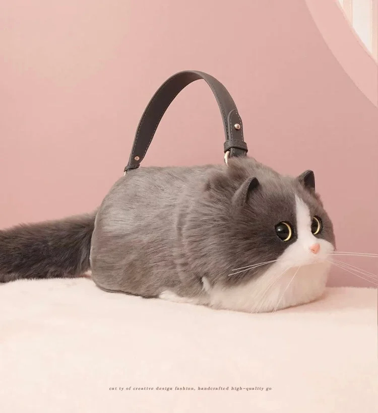 Fluffy Blue and White Cat Bag Cat Purse