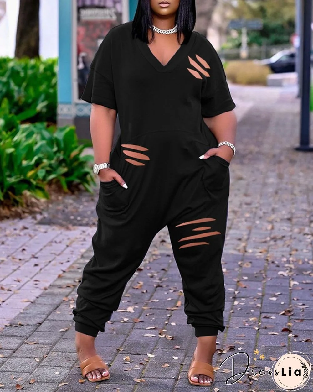 Pocket Design Cutout Short Sleeve Jumpsuit