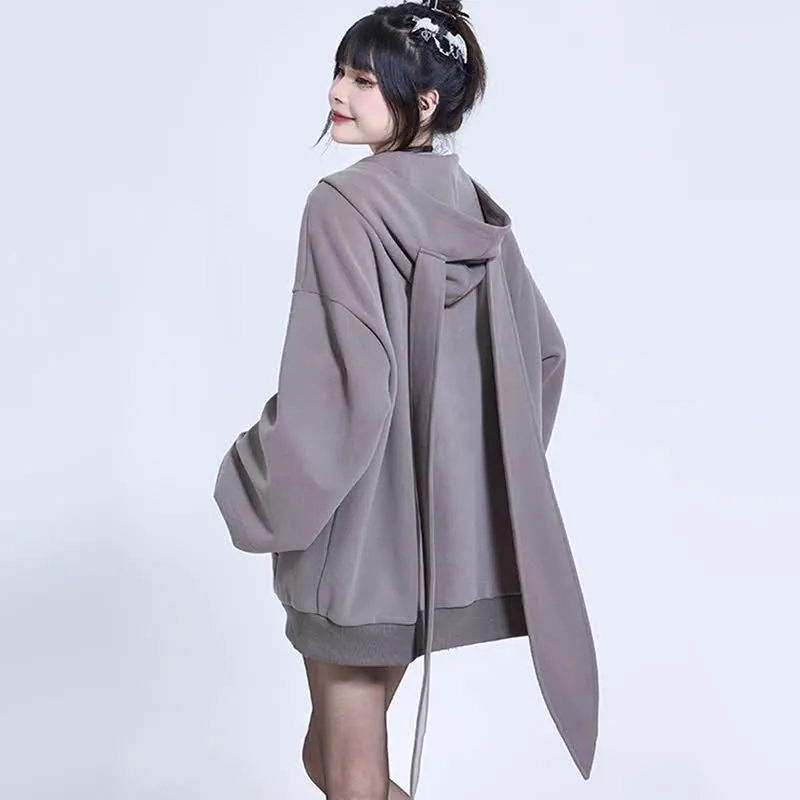 Long Bunny Ears Pocket Oversize Zipper Hooded Sweatshirt