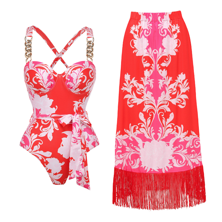 Contrast Print Swimsuit and Skirt Flaxmaker
