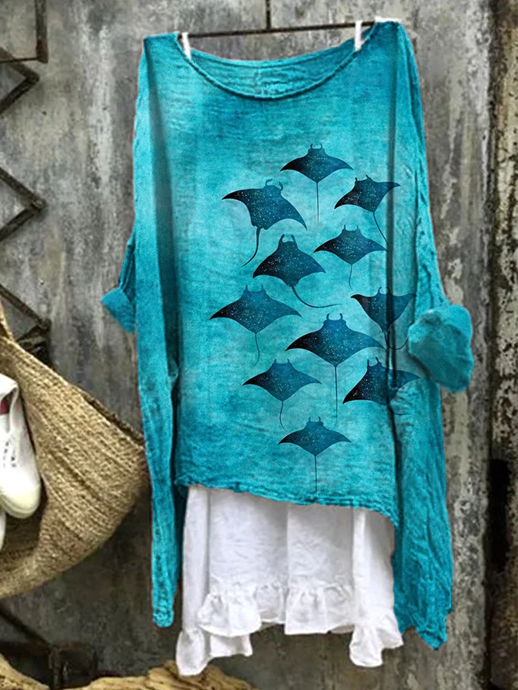 Manta Rays Art Print Linen Blend Casual Shirt