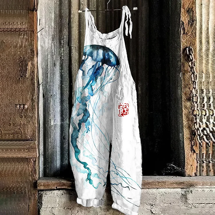 Japanese Art Jellyfish Print Casual Linen Blend Jumpsuit