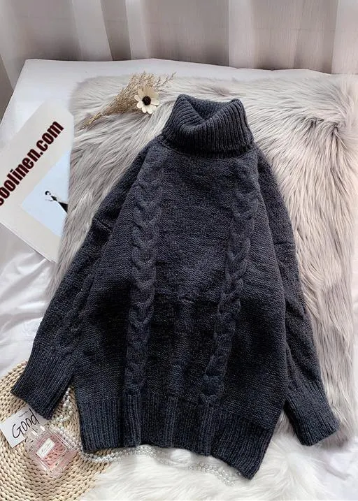 Chunky green knit blouse high neck thick oversize fall knit sweat tops