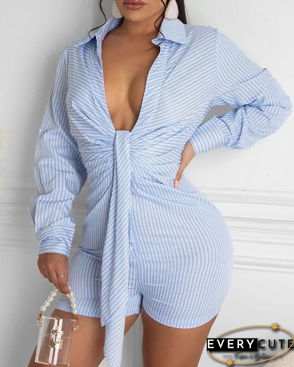 Tied Detail Ruched Plunge Romper