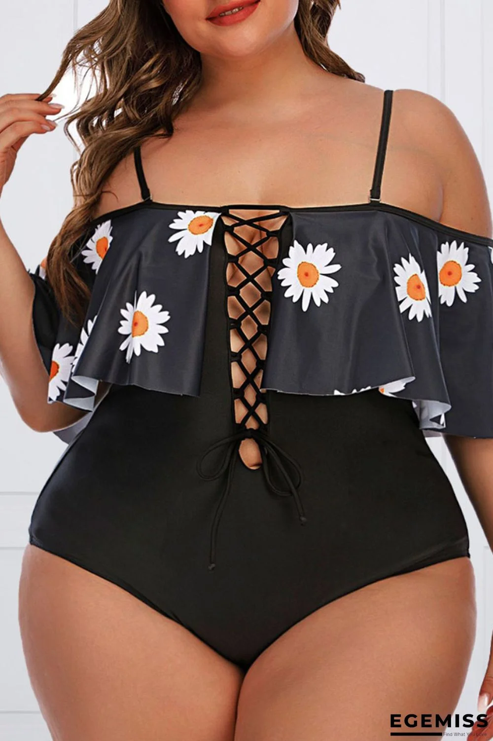 Black Sexy Print Hollowed Out Patchwork Off the Shoulder Plus Size Swimwear | EGEMISS