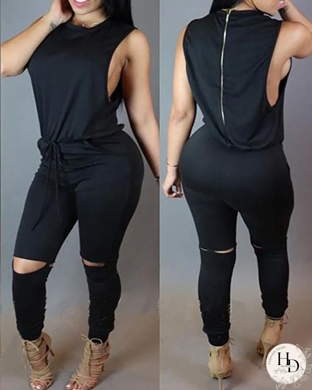 Sleeveless Solid Top & Drawstring Cut Out Pants Set P14849