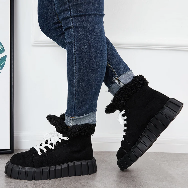 Lace Up Platform Warm Faux Fur Lined Booties Sneakers Boots