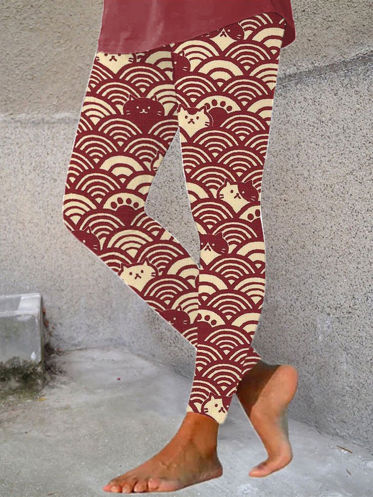 Japanese Art Wave and Cat Print Casual Stretch Leggings wearshes