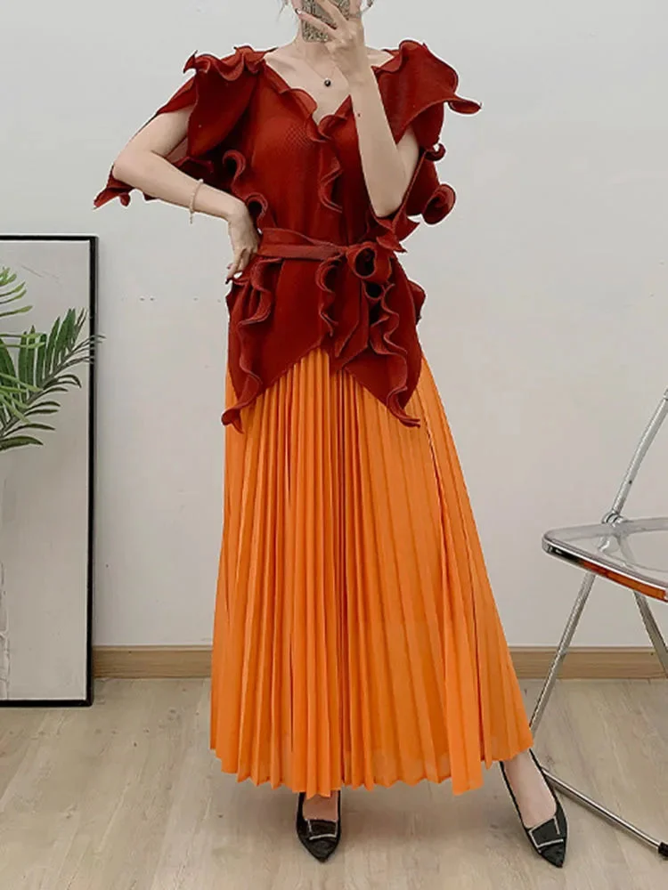 Art Orange V-neck Fungus Edge Lace-up Flying Sleeve Top And Contrast Color A-line Pleated Skirt Set