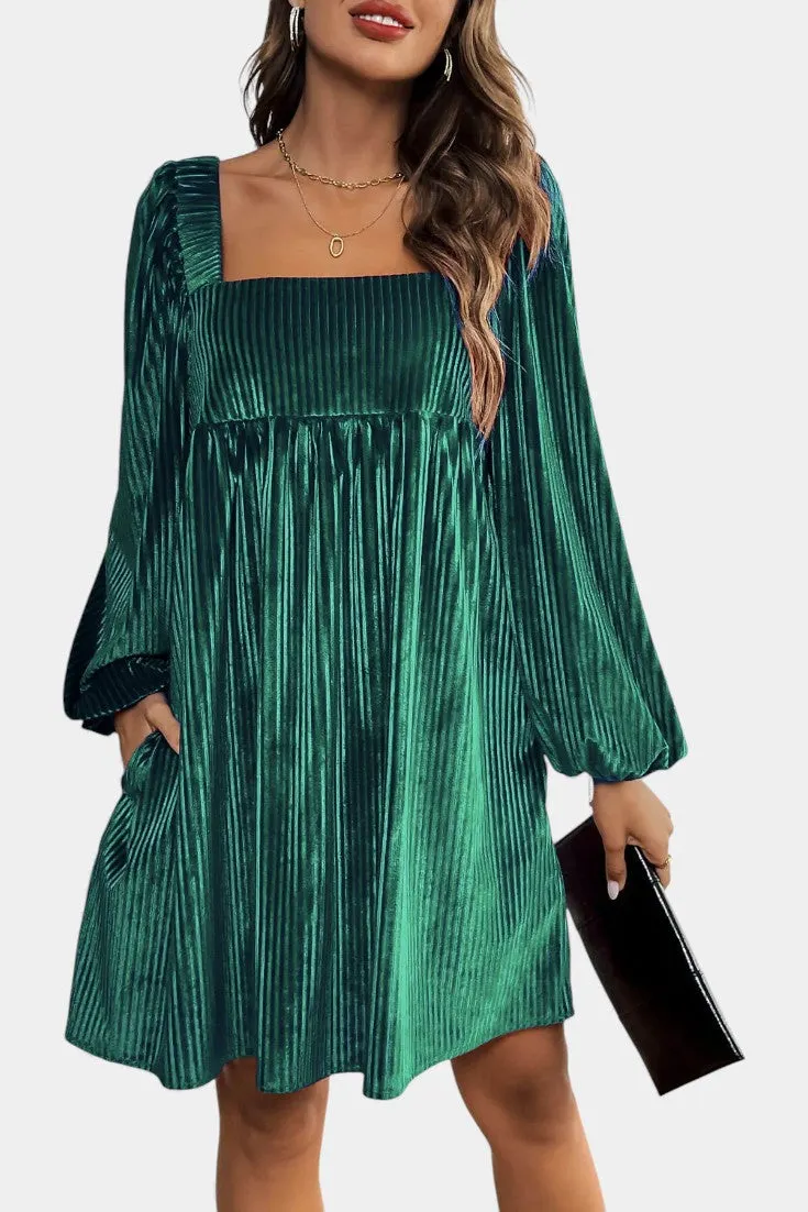 Square Neck Pleated Velvet Midi Dress