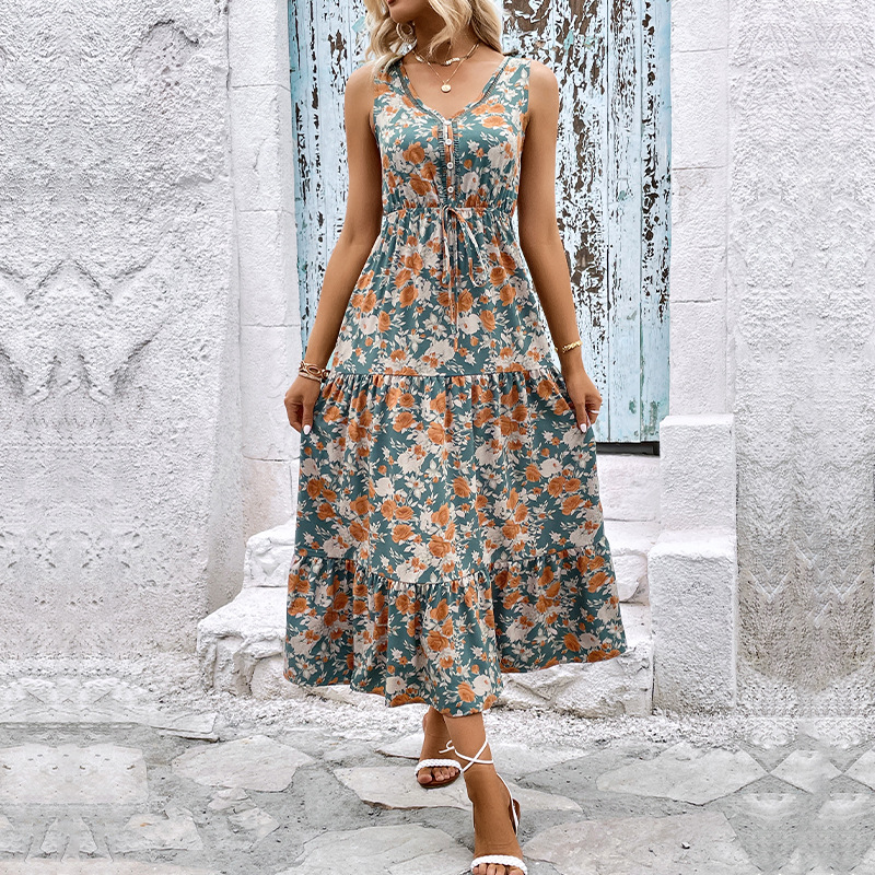 Long Dress Women Dresses A Line Print Floral Vestidos Streetwear V Neck Sleeveless Elegant High Waist Y2k Casual Summer 2025