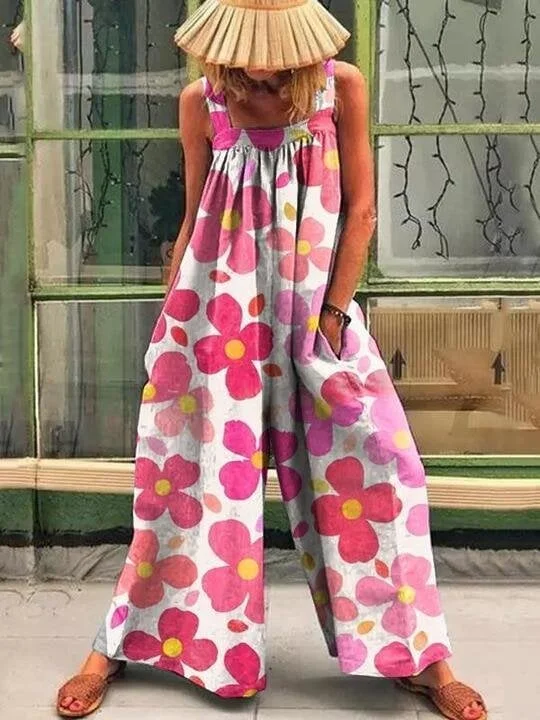 Retro flower print casual jumpsuit