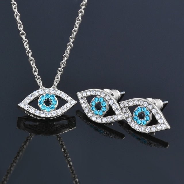 YOY-Blue Rhinestone Eye Necklace Earring Jewelry Set
