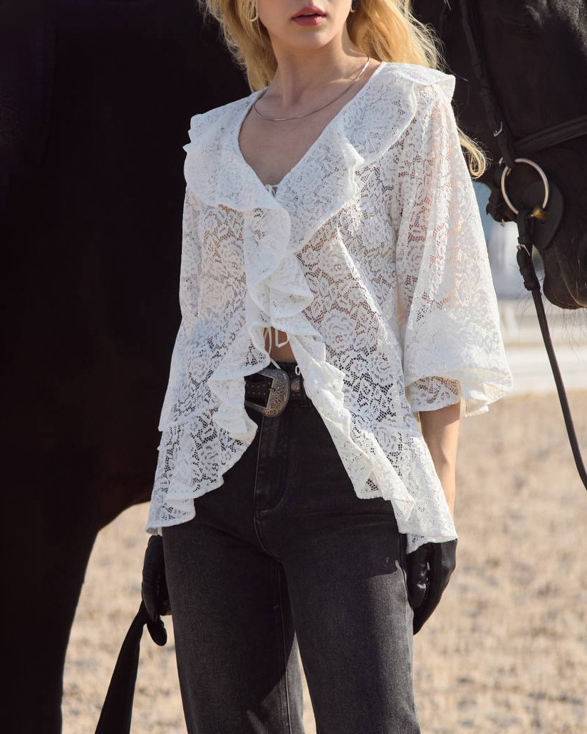 V Neck Lace Up Detail Ruffled Three Quarter Sleeve Shirt
