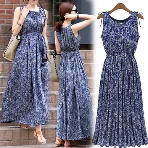 Casual Round Neck Boho Floral Sleeveless Long Dress Summer Maxi Evening Party Skirt for Lady - Shop Trendy Women's Fashion | TeeYours