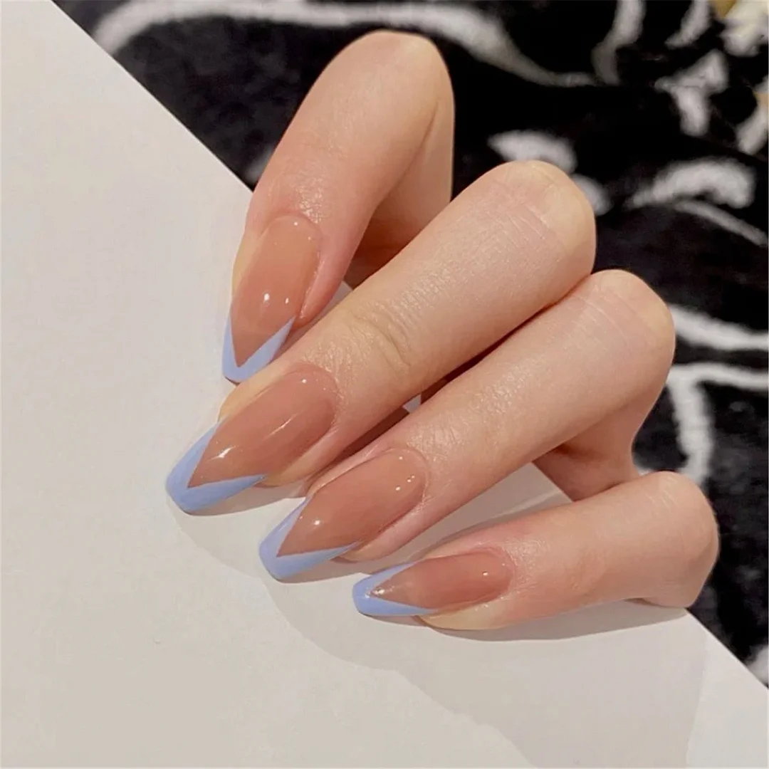 False Nails 24pcs Blue Line French Manicure Art False Nails Women Lady Wearable Full Cover Jelly Color Press On Nail With GLue-Nail Inspo