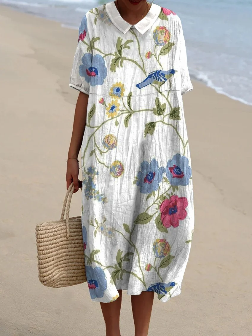 Women's Vintage Floral Art Print Pocket Linen Dress（Convertible Dress With Front And Back Option）