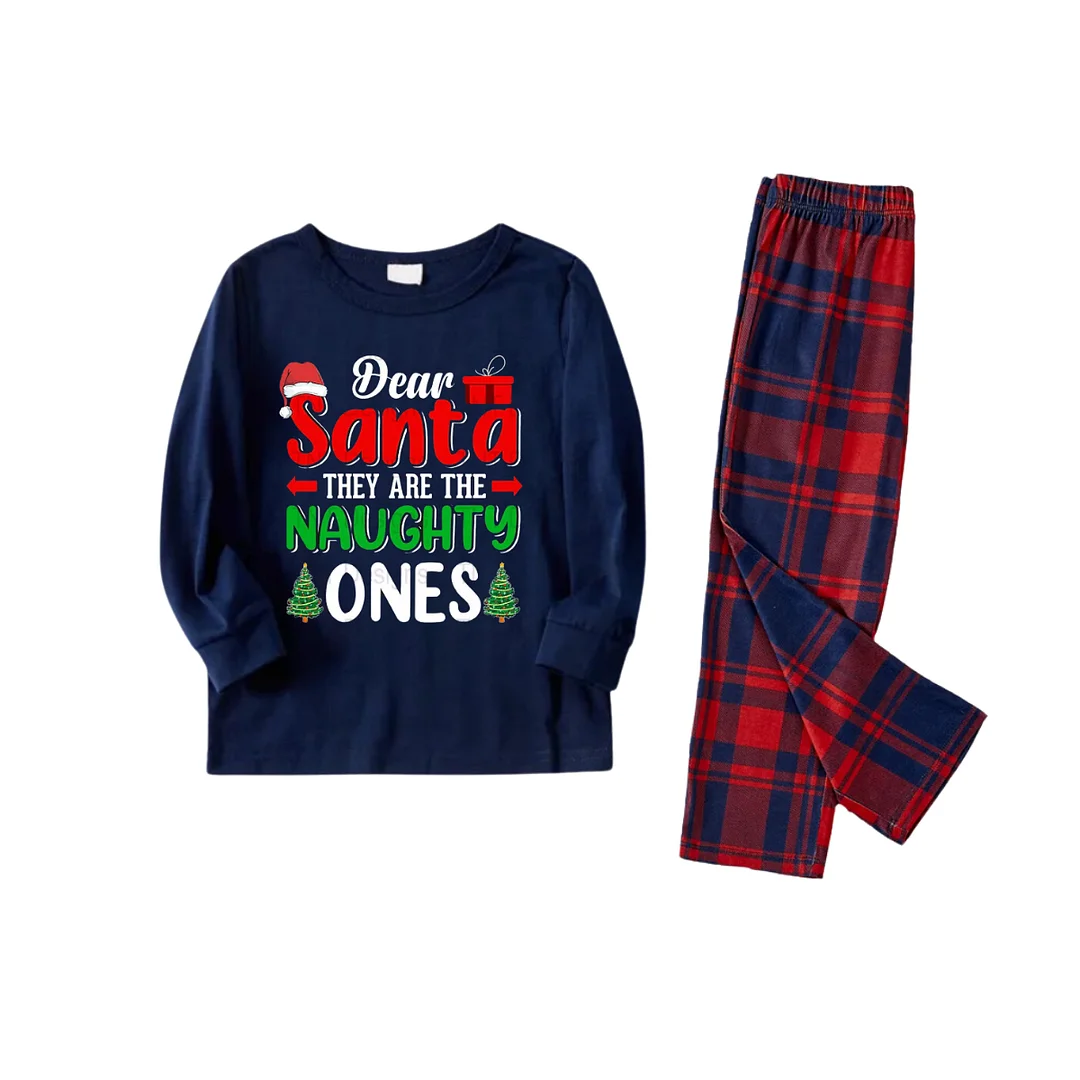 "Dear Santa They are The Naughty Ones" Slogan Printed Red and Blue Plaid Christmas Matching Pajamas